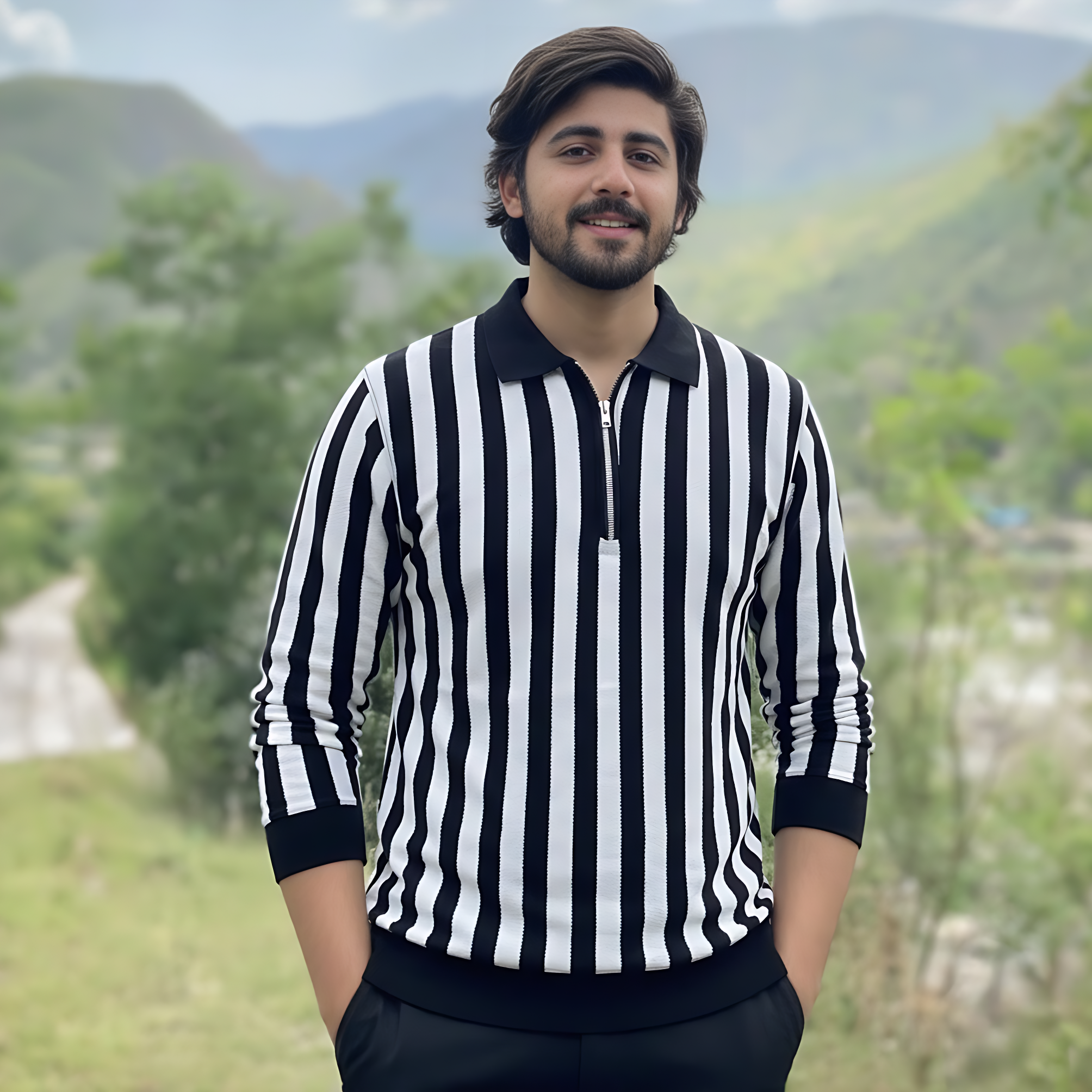 Men's Black & White Vertical Striped Quarter-Zip Collared Knit Sweat Shirt - Image 2