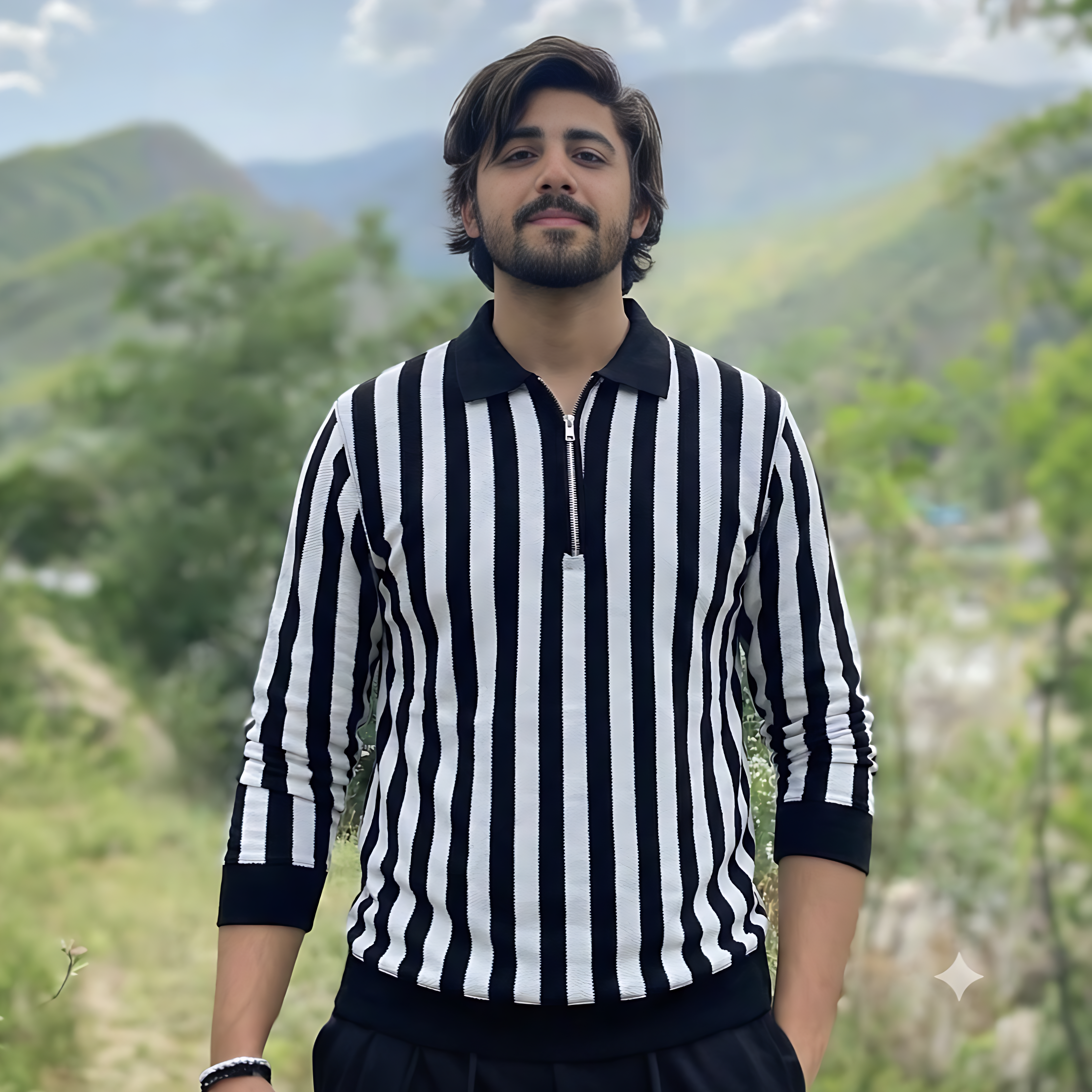 Men's Black & White Vertical Striped Quarter-Zip Collared Knit Sweat Shirt