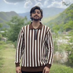 Men's Brown & White Vertical Striped Quarter-Zip Collared Knit Sweat Shirt