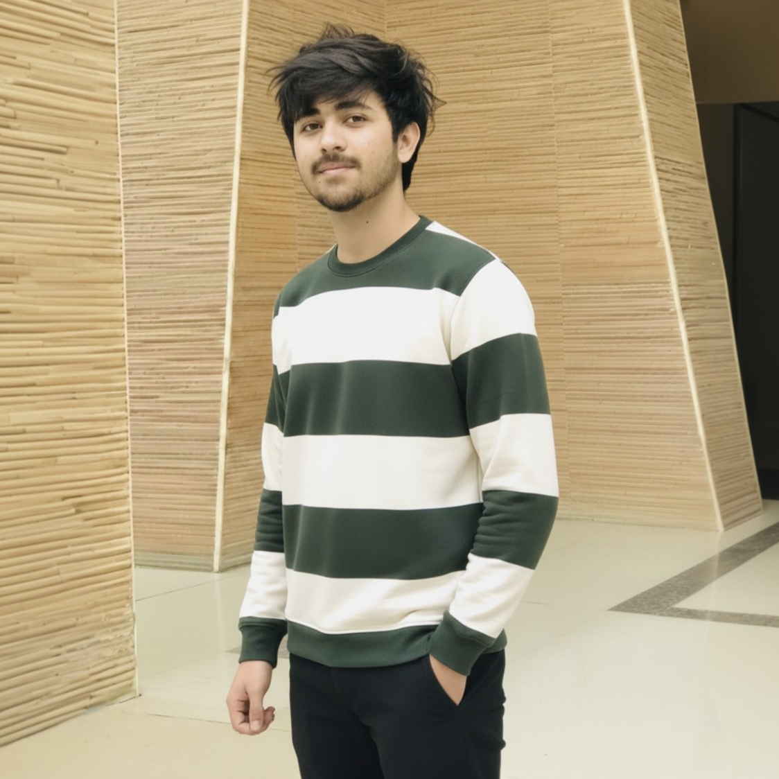 Men's Green & White Striped Long-Sleeve Sweatshirt - Image 3