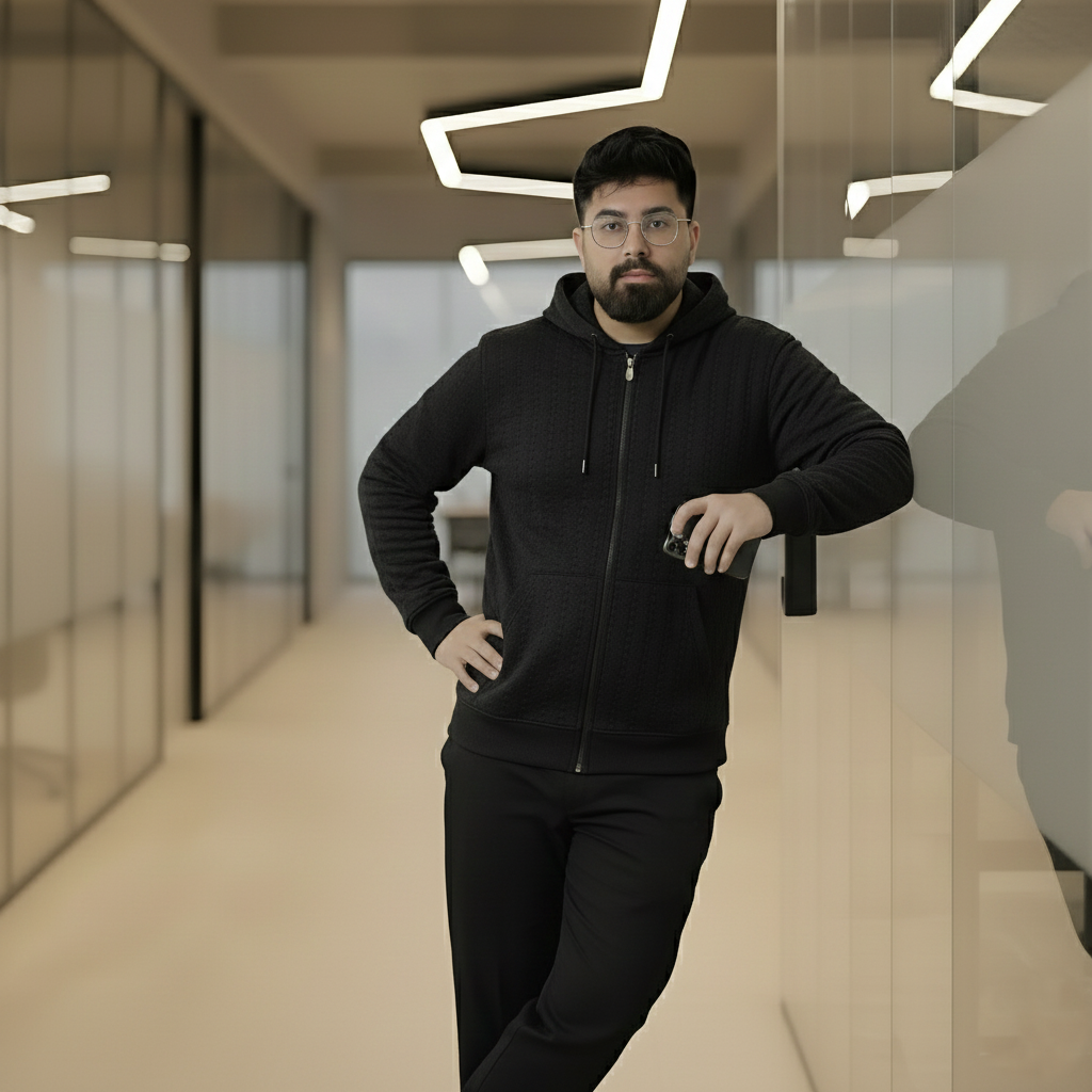 Premium Quilted Full-Zip Hooded Jacket for Men - Black - Image 3