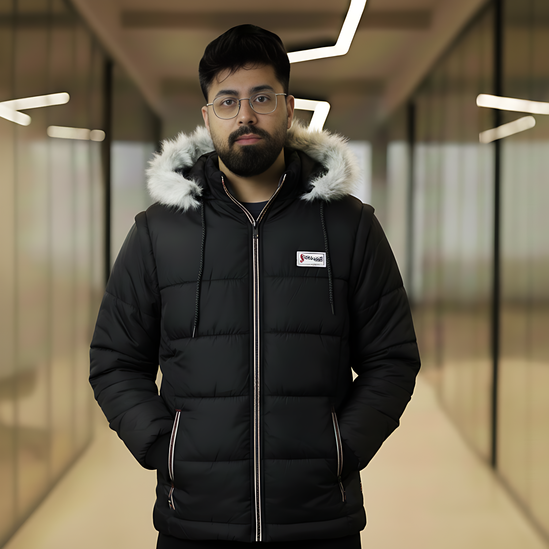 Men's Warm Black Insulated Jacket with Detachable Faux Fur Hood & Sleeves | Waterproof Winter Coat