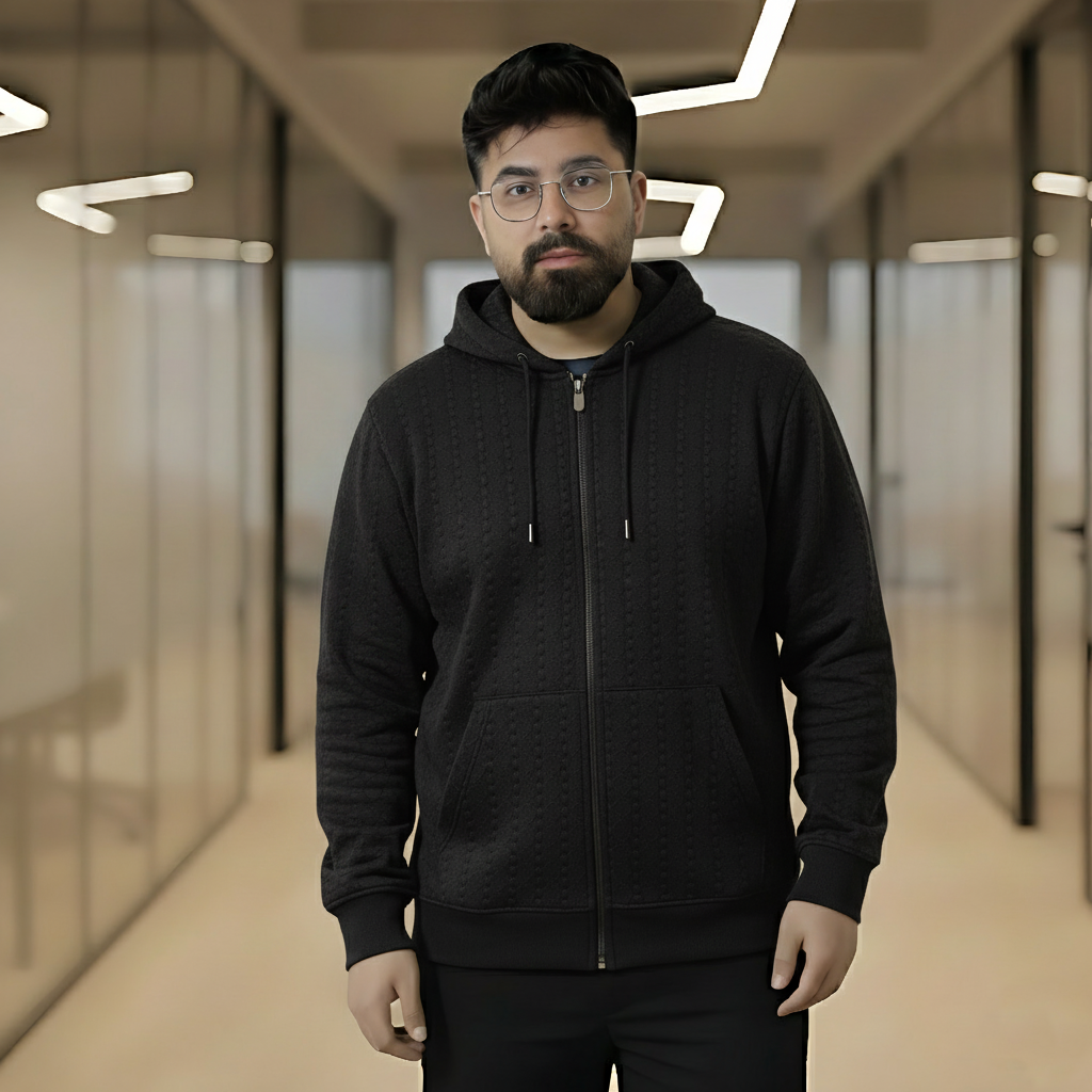 Premium Quilted Full-Zip Hooded Jacket for Men - Black