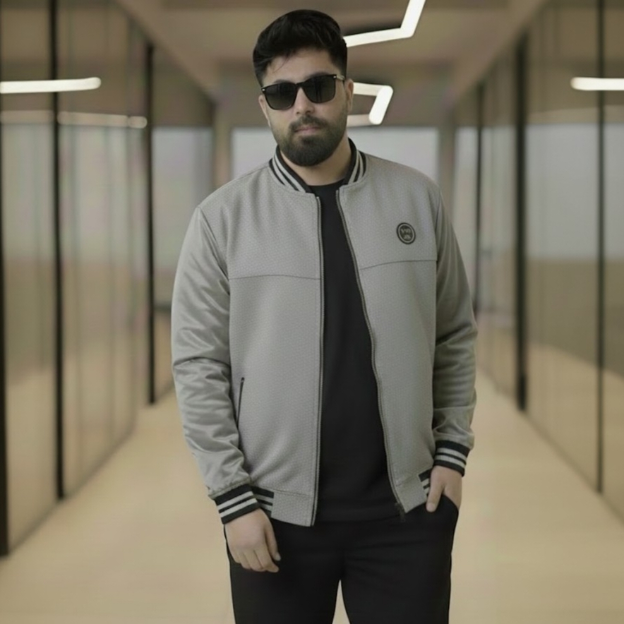 Men's Gray Striped Varsity Bomber Jacket - Leather Casual Coat