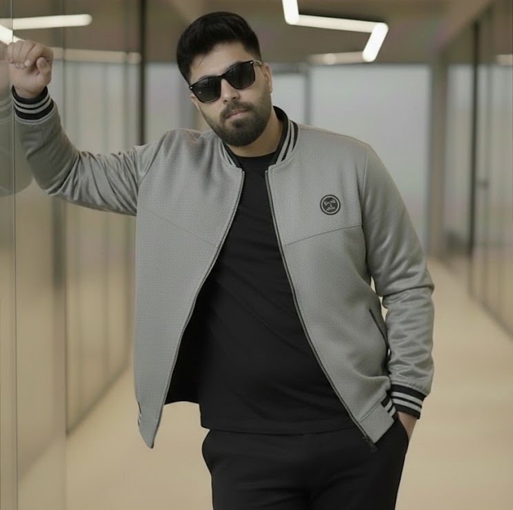 Men's Gray Striped Varsity Bomber Jacket - Leather Casual Coat - Image 2