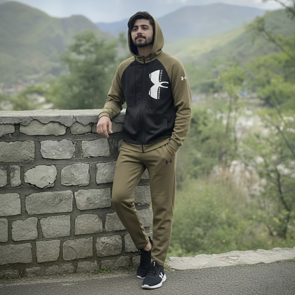 Men’s Color block Track Suit – Khaki & Black - Image 2