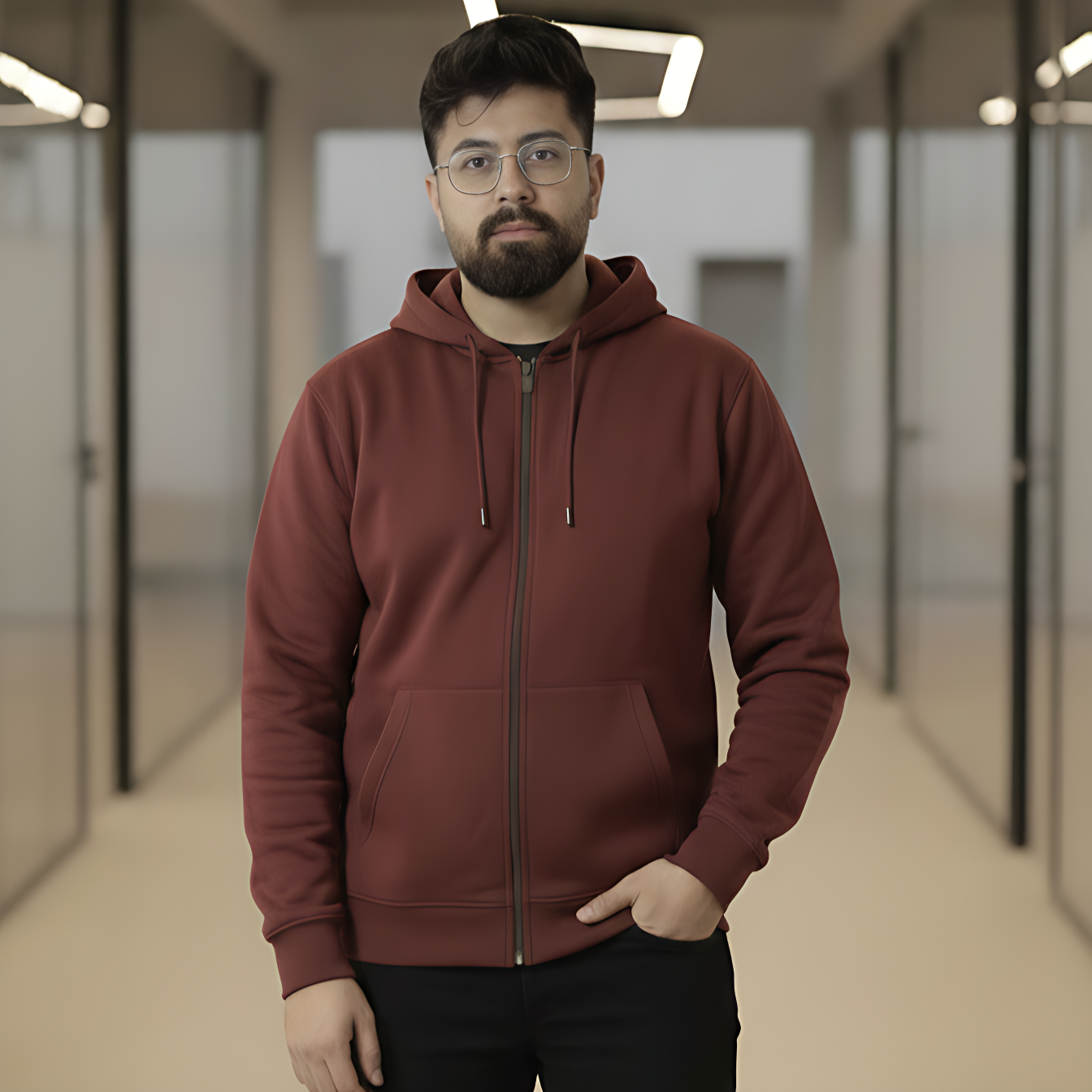 Men’s Winter Heavyweight Cotton Full-Zip Hoodie – Red - Image 2