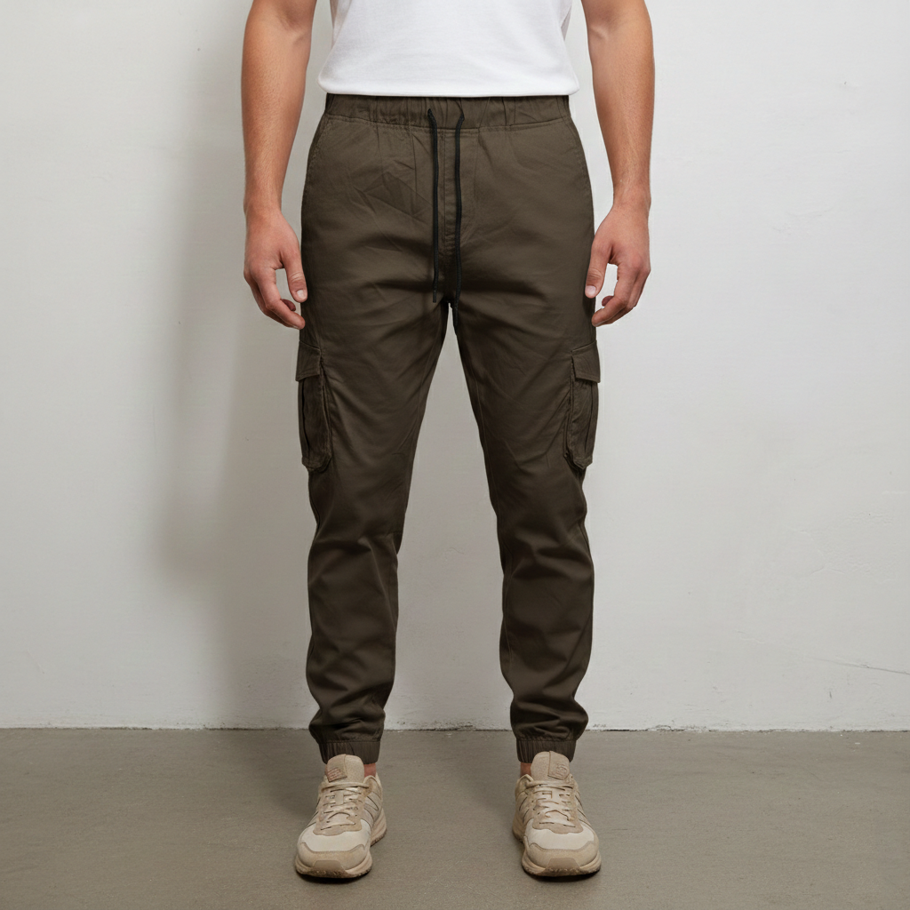Men’s Slim-Fit Olive Khaki Cargo Joggers – 6-Pocket Utility Trousers
