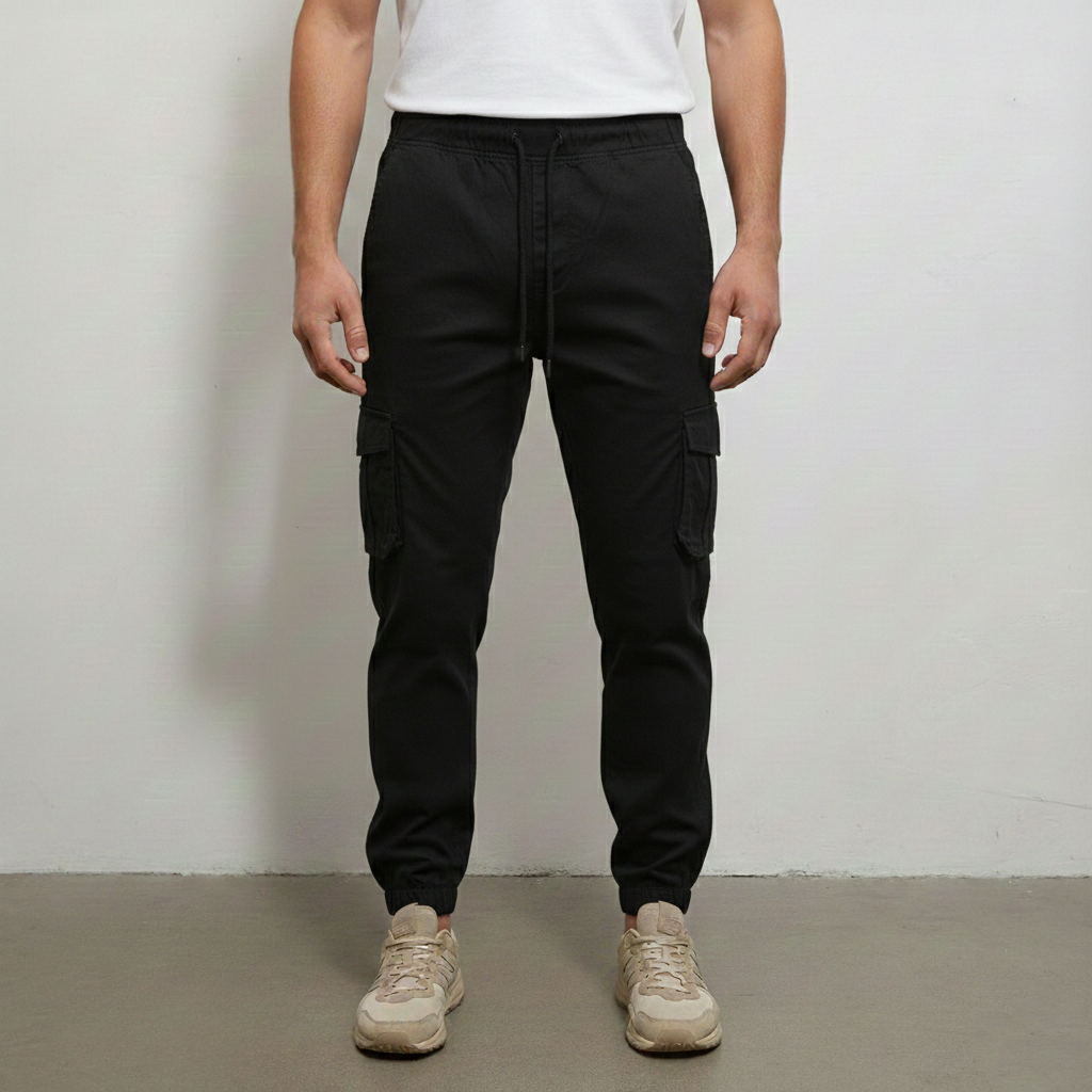 Men’s Slim-Fit Black Cargo Joggers – 6-Pocket Utility Trousers