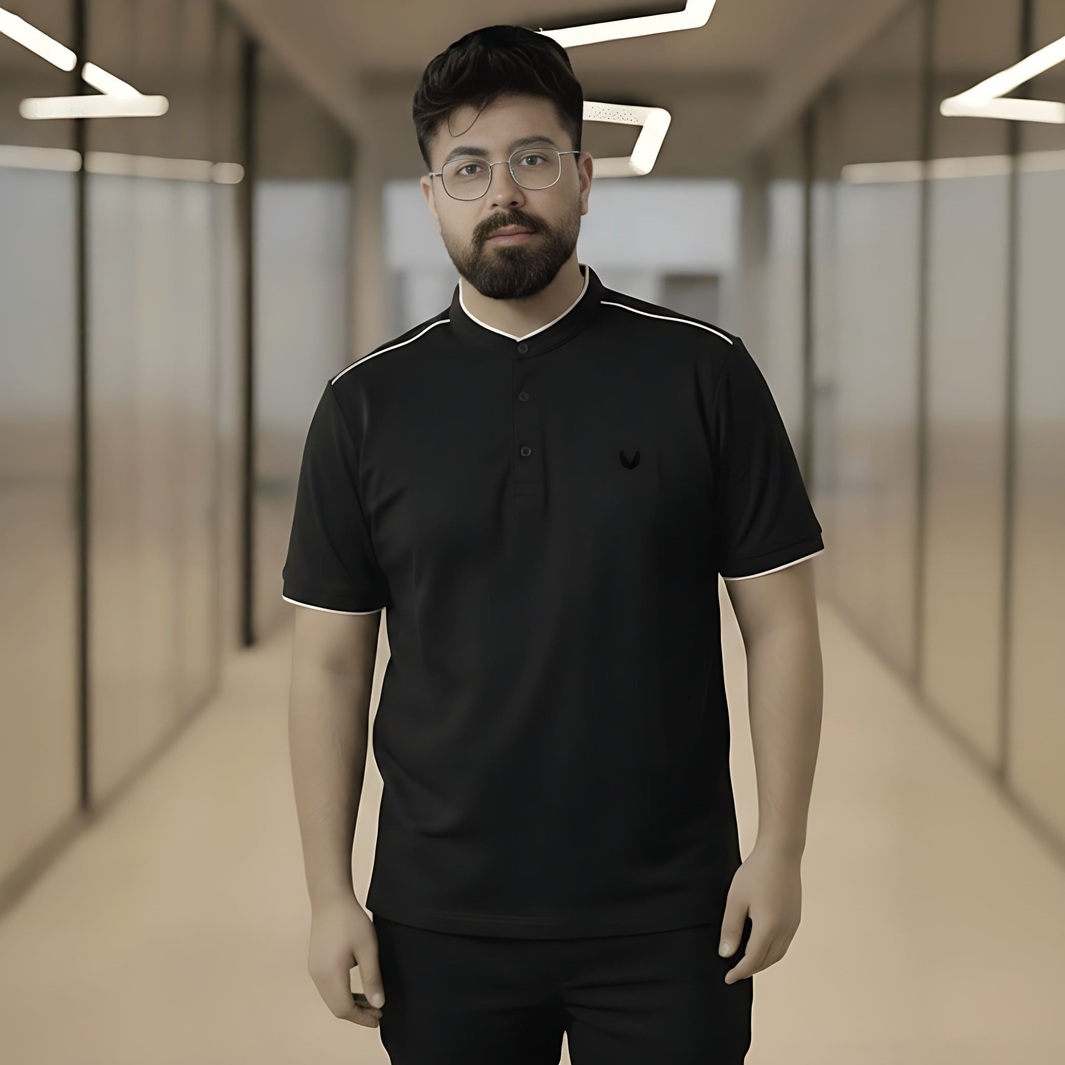 Slim-Fit Black Mandarin Collar Polo Shirt – Men's Modern Grandad Collar Knit