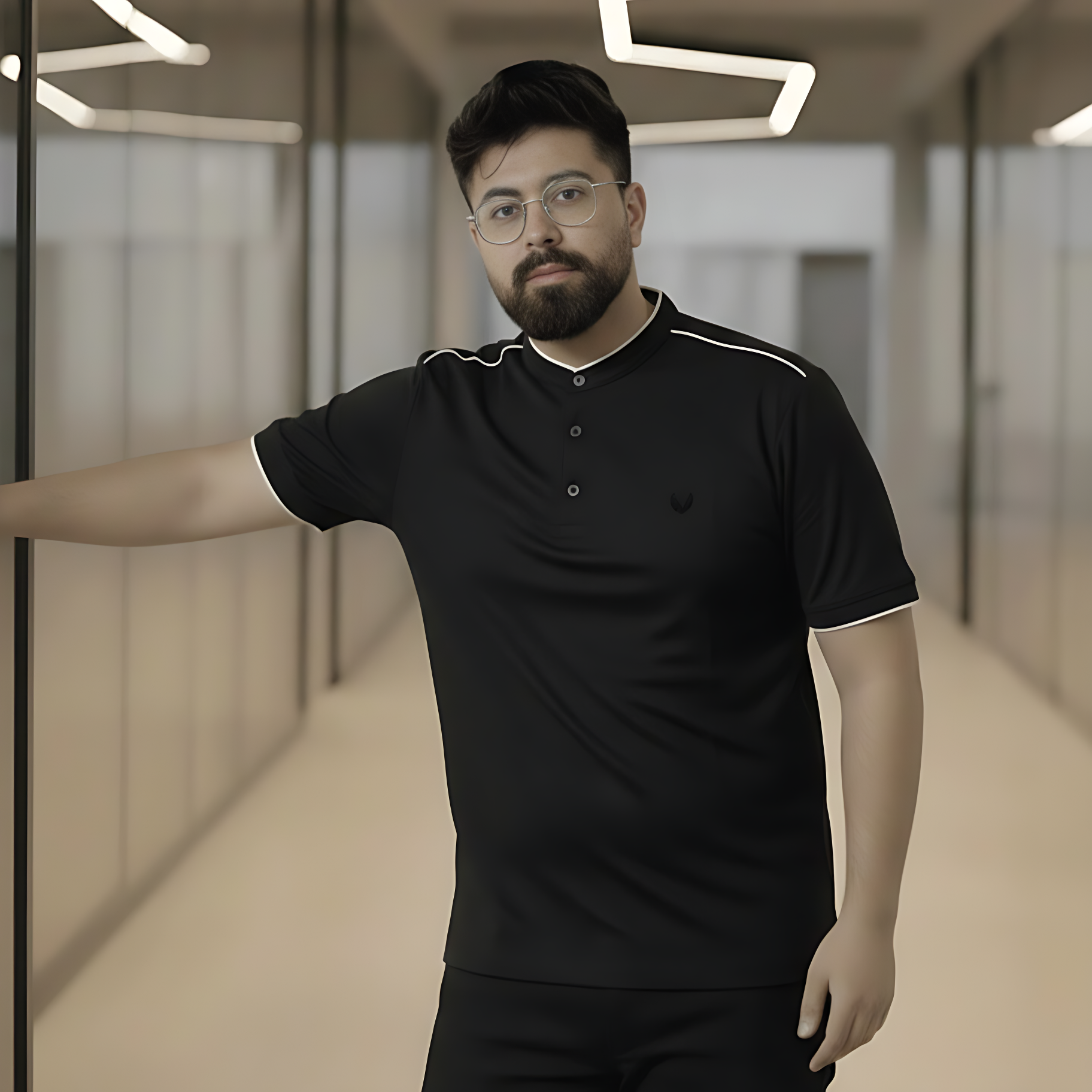 Slim-Fit Black Mandarin Collar Polo Shirt – Men's Modern Grandad Collar Knit - Image 3