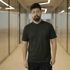 Slim-Fit Green Mandarin Collar Polo Shirt – Men's Modern Grandad Collar Knit