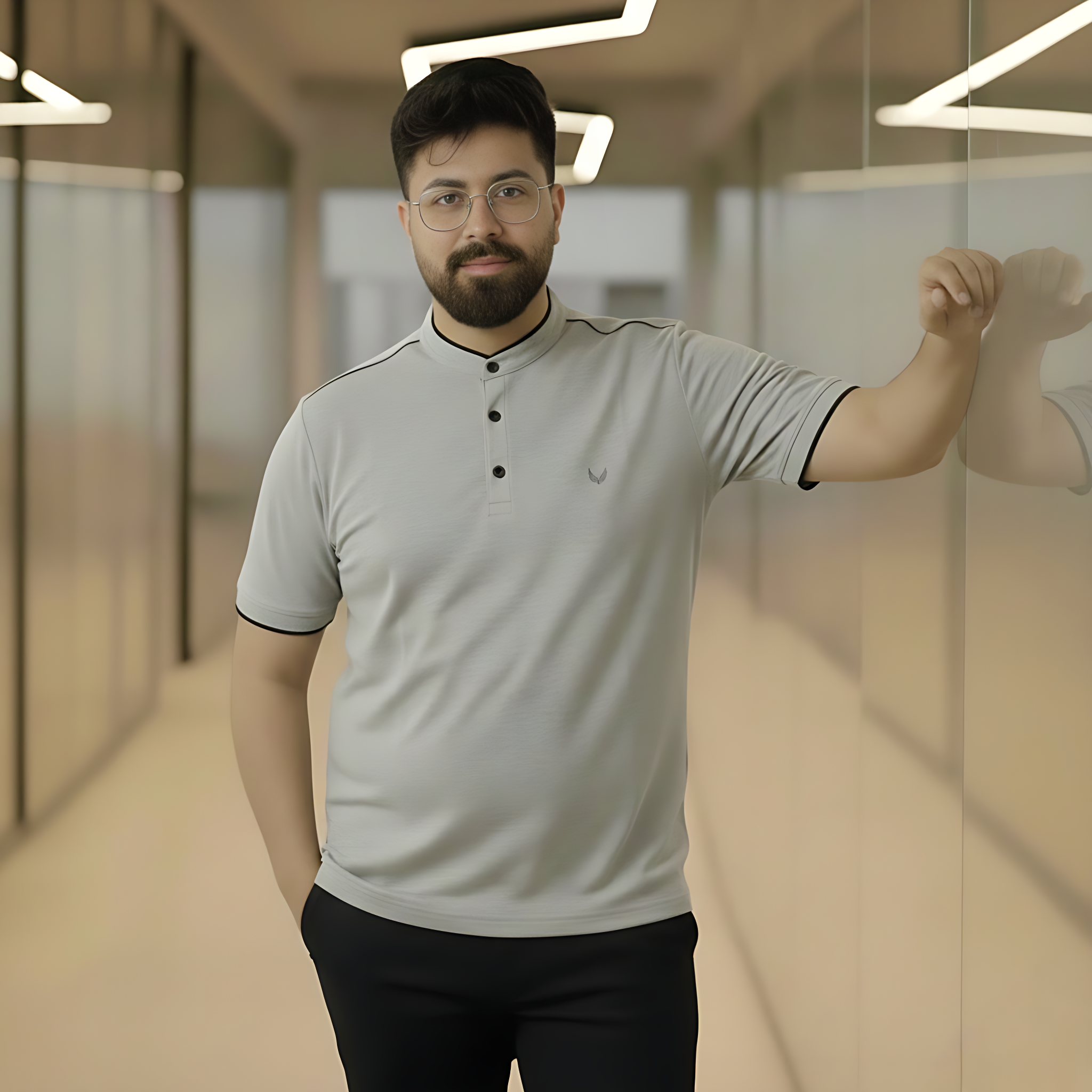 Slim-Fit Gray Mandarin Collar Polo Shirt – Men's Modern Grandad Collar Knit - Image 3