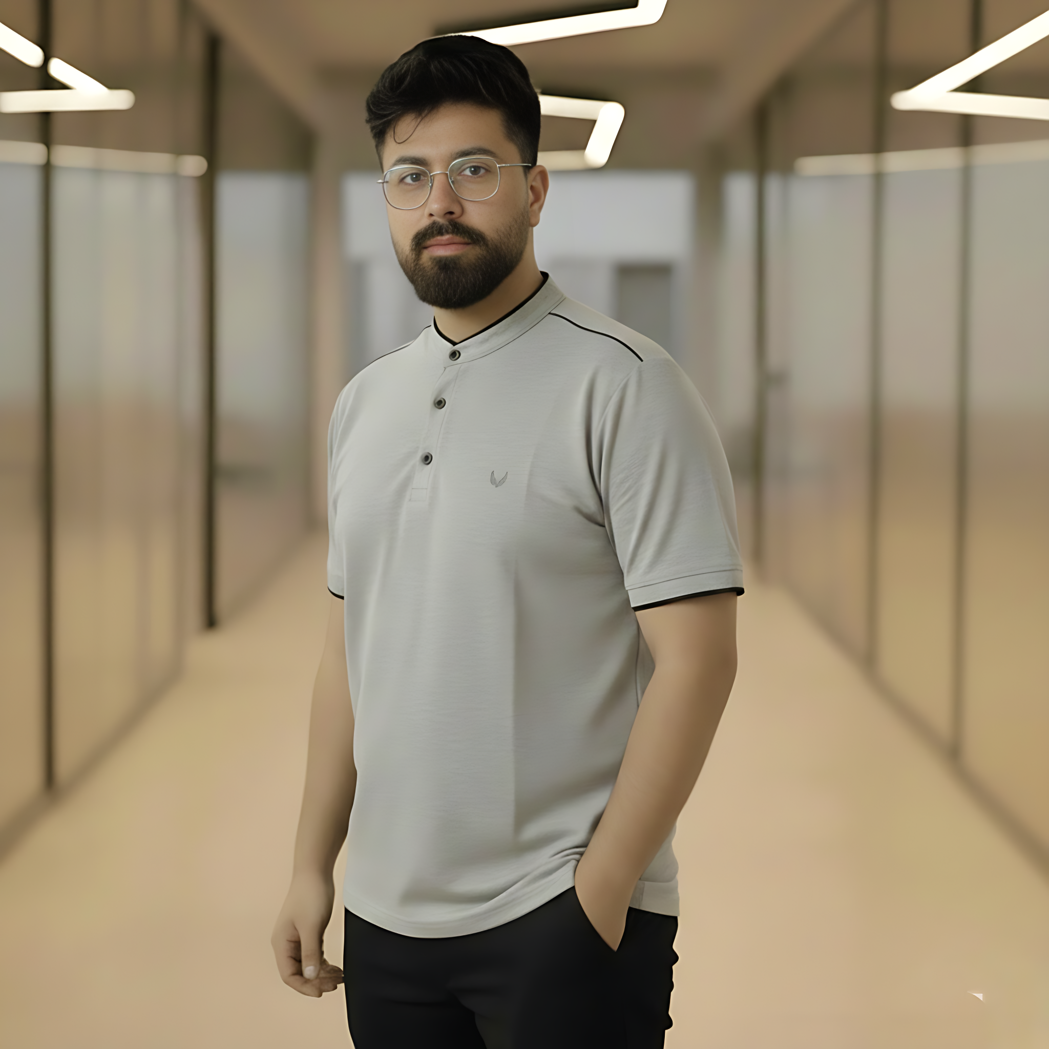 Slim-Fit Gray Mandarin Collar Polo Shirt – Men's Modern Grandad Collar Knit - Image 2