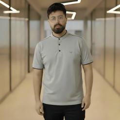 Slim-Fit Gray Mandarin Collar Polo Shirt – Men's Modern Grandad Collar Knit