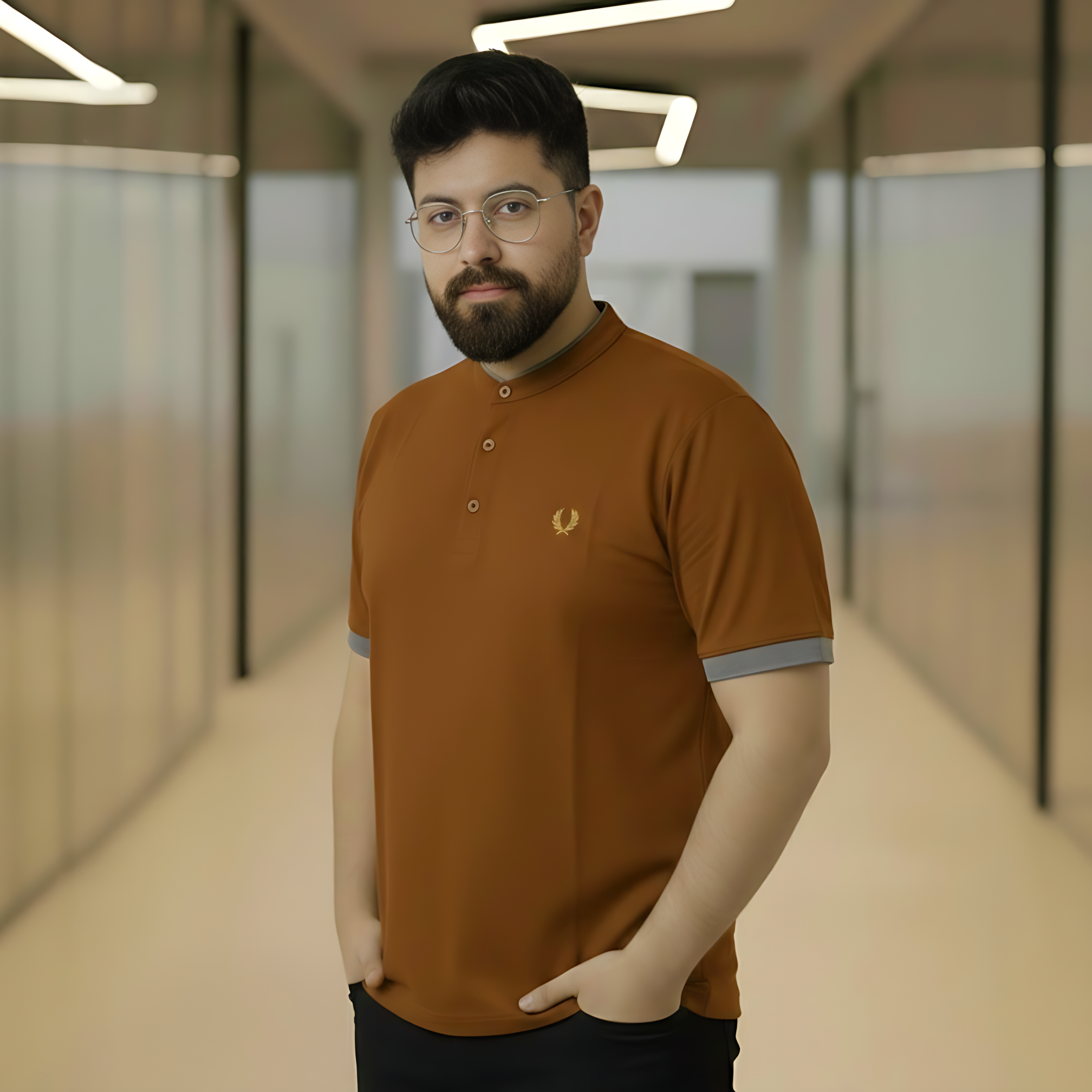 Slim-Fit Brown Mandarin Collar Polo Shirt – Men's Modern Grandad Collar Knit - Image 2