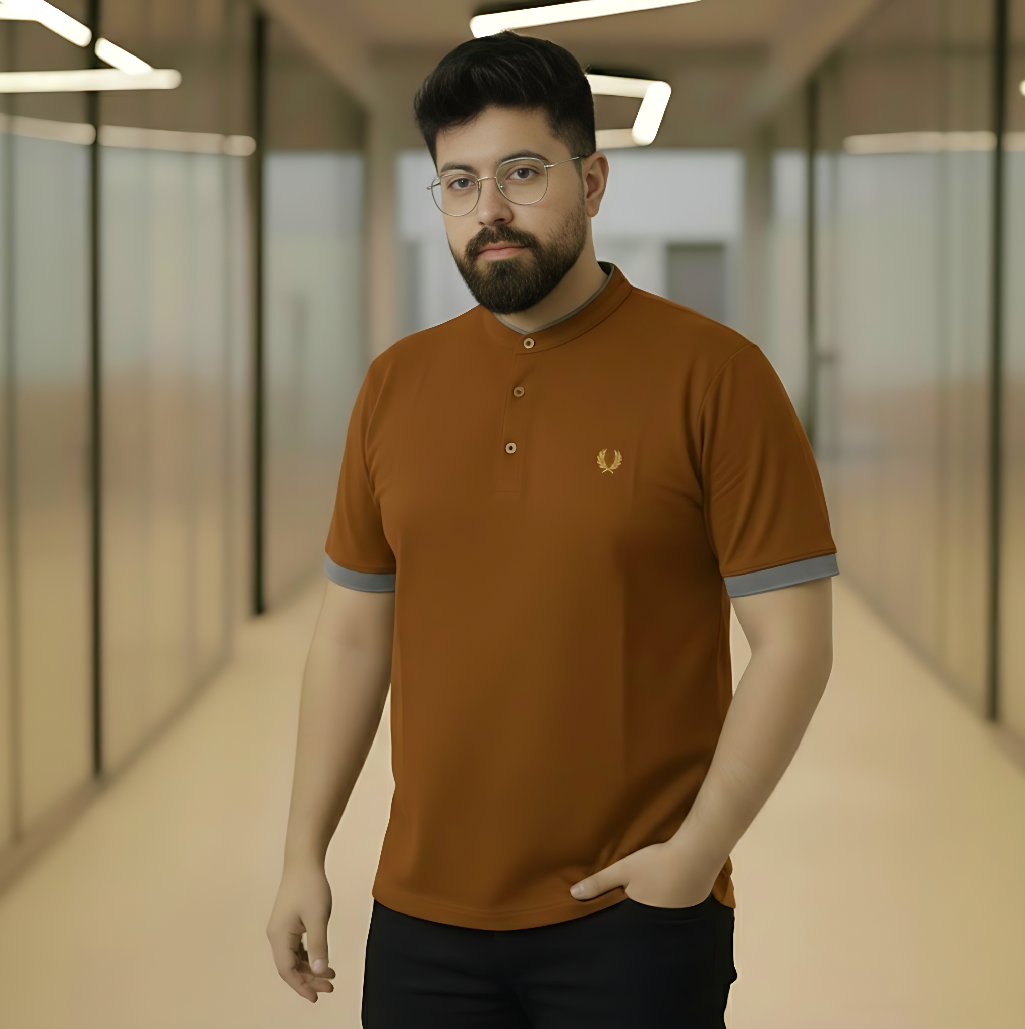 Slim-Fit Brown Mandarin Collar Polo Shirt – Men's Modern Grandad Collar Knit - Image 3