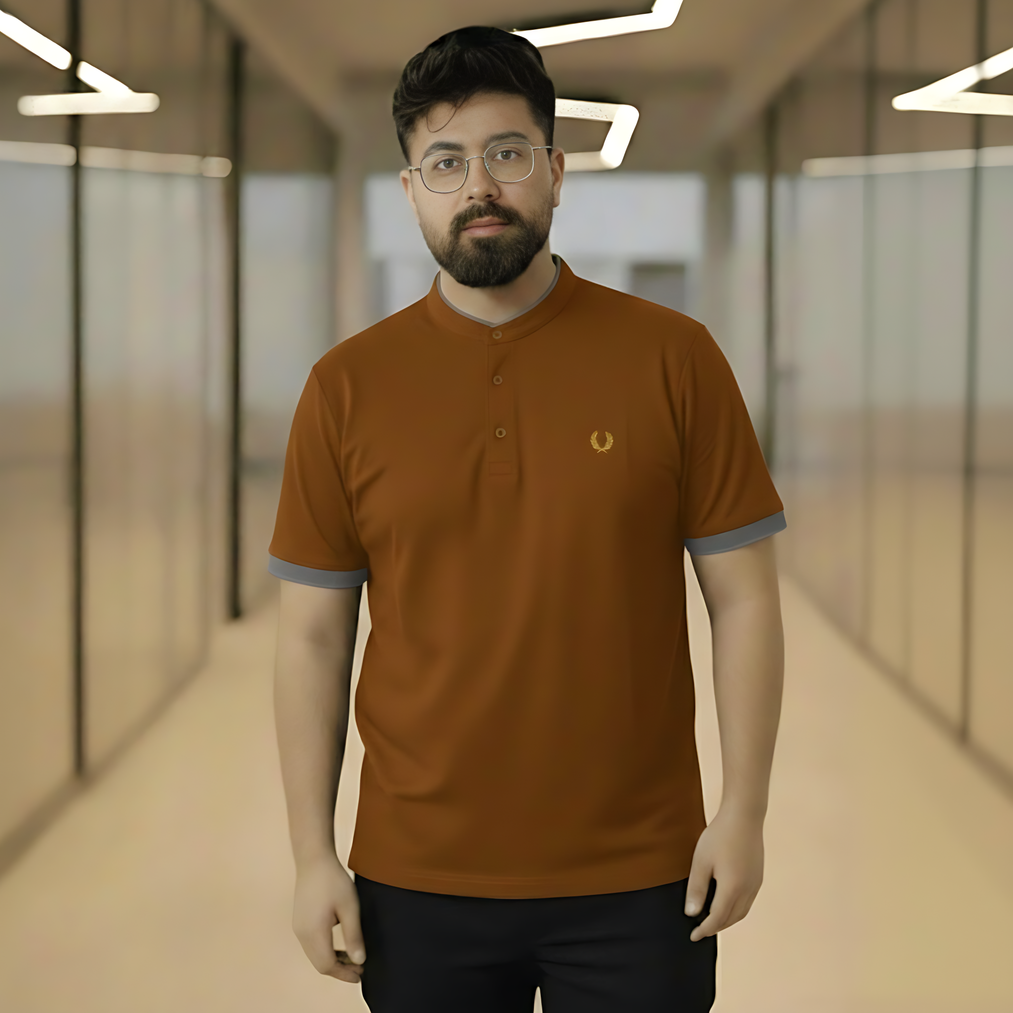 Slim-Fit Brown Mandarin Collar Polo Shirt – Men's Modern Grandad Collar Knit