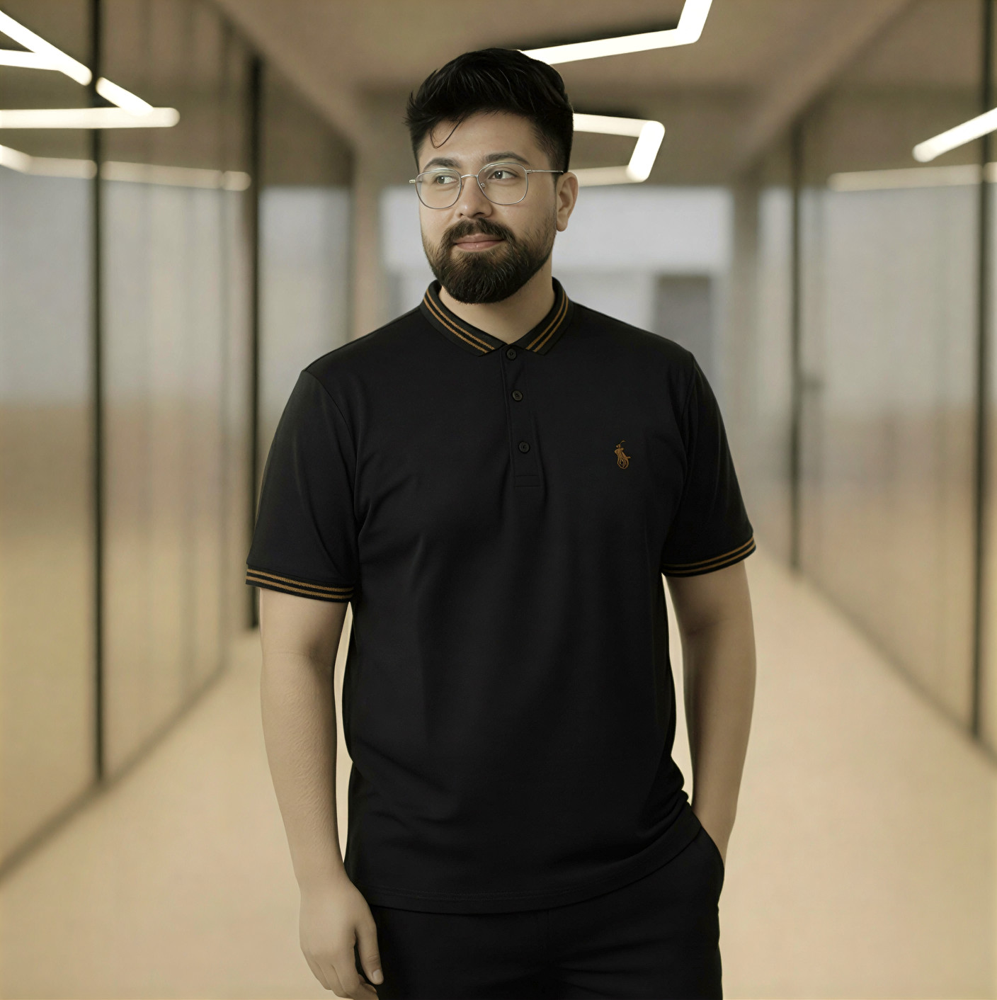 Men’s Premium Slim-Fit Polo Shirt – Jet Black with Gold Tipping - Image 3