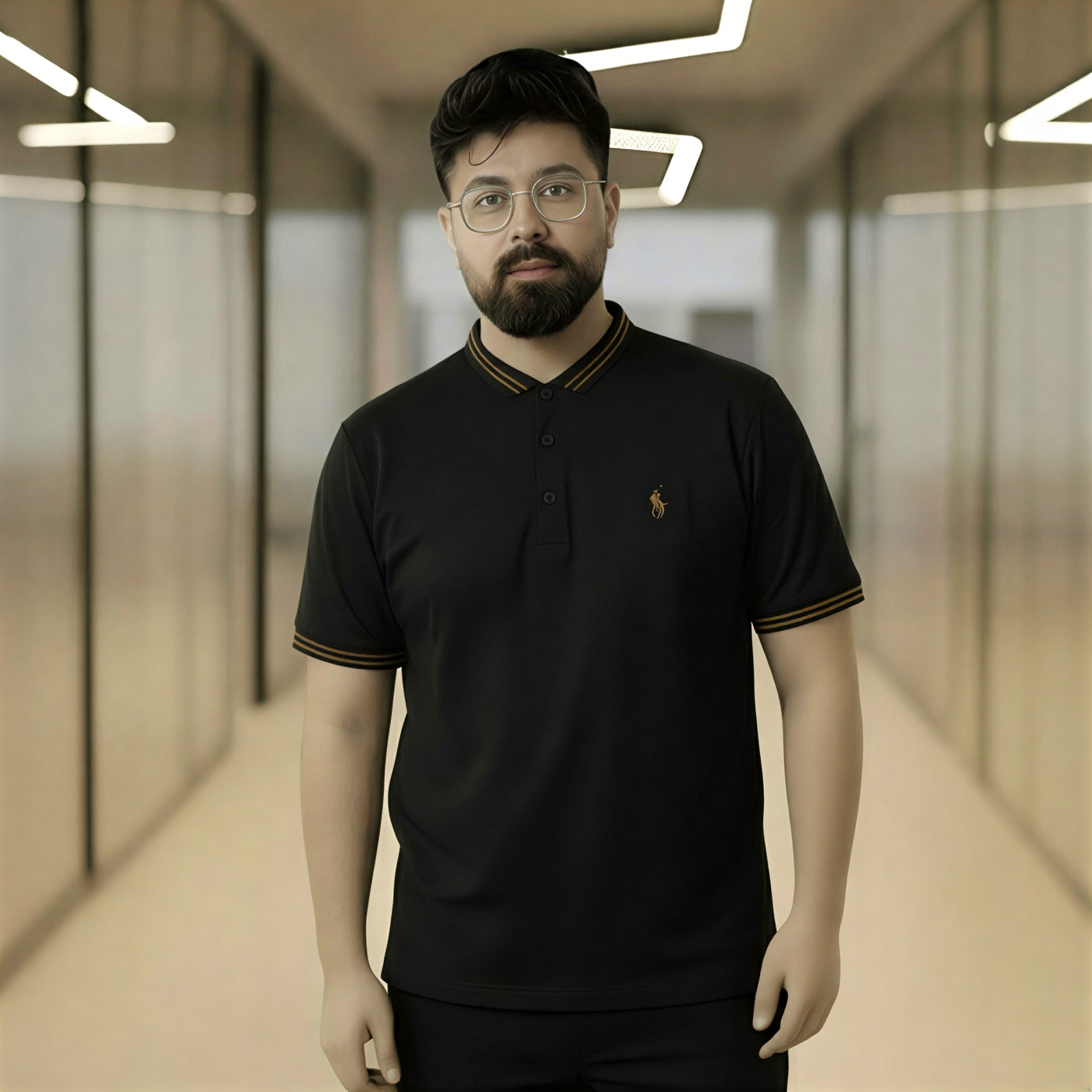 Men’s Premium Slim-Fit Polo Shirt – Jet Black with Gold Tipping