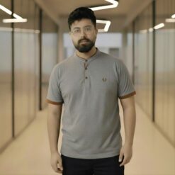 Slim-Fit Heather Grey Mandarin Collar Polo Shirt – Men's Modern Grandad Collar Knit